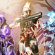 Destiny characters form a three-person squad, their outfits glowing brilliant shades of orange, blue, and purple as they brandish their guns.